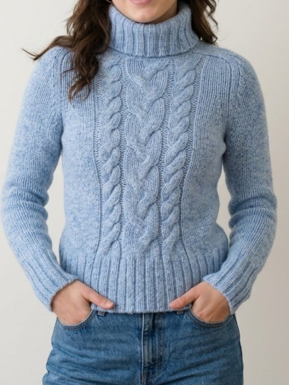 Vintage Y2K Express Light Blue Cable Turtleneck Wool Cashmere Blend Sweater M